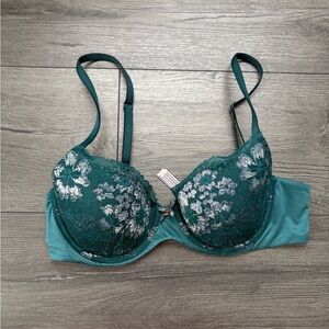 Victoria's Secret Body By Victoria Lined Demi Lace Floral Bra Green/Silver 34C